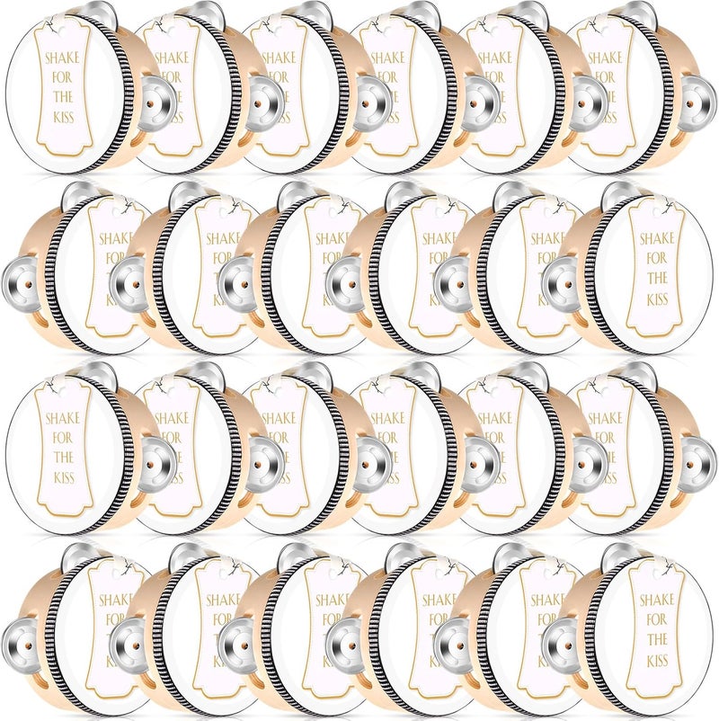 Lukmaa 24 Set 4 Inch Tambourine for Adults Wooden Hand Held Drum with Metal Jingles, Gift Tags, White I Love You Printed Ribbon Percussion Gift Musical Instrument for Church Wedding Party Favor - Image 1